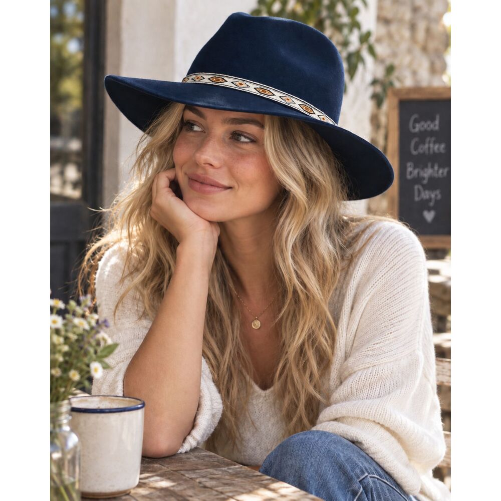 Wide Brim Fedora Hat Navy Blue Wool Felt Western Boho Rancher Festival Hat
